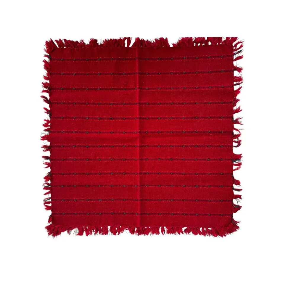 Set Of 4 Handmade Woven Red Placemats & Napkins Fringe Edges & Green Accent